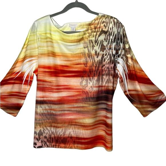 Chicos Tropical Print 3/4 Sleeve Top Size 2 - Picture 1 of 12